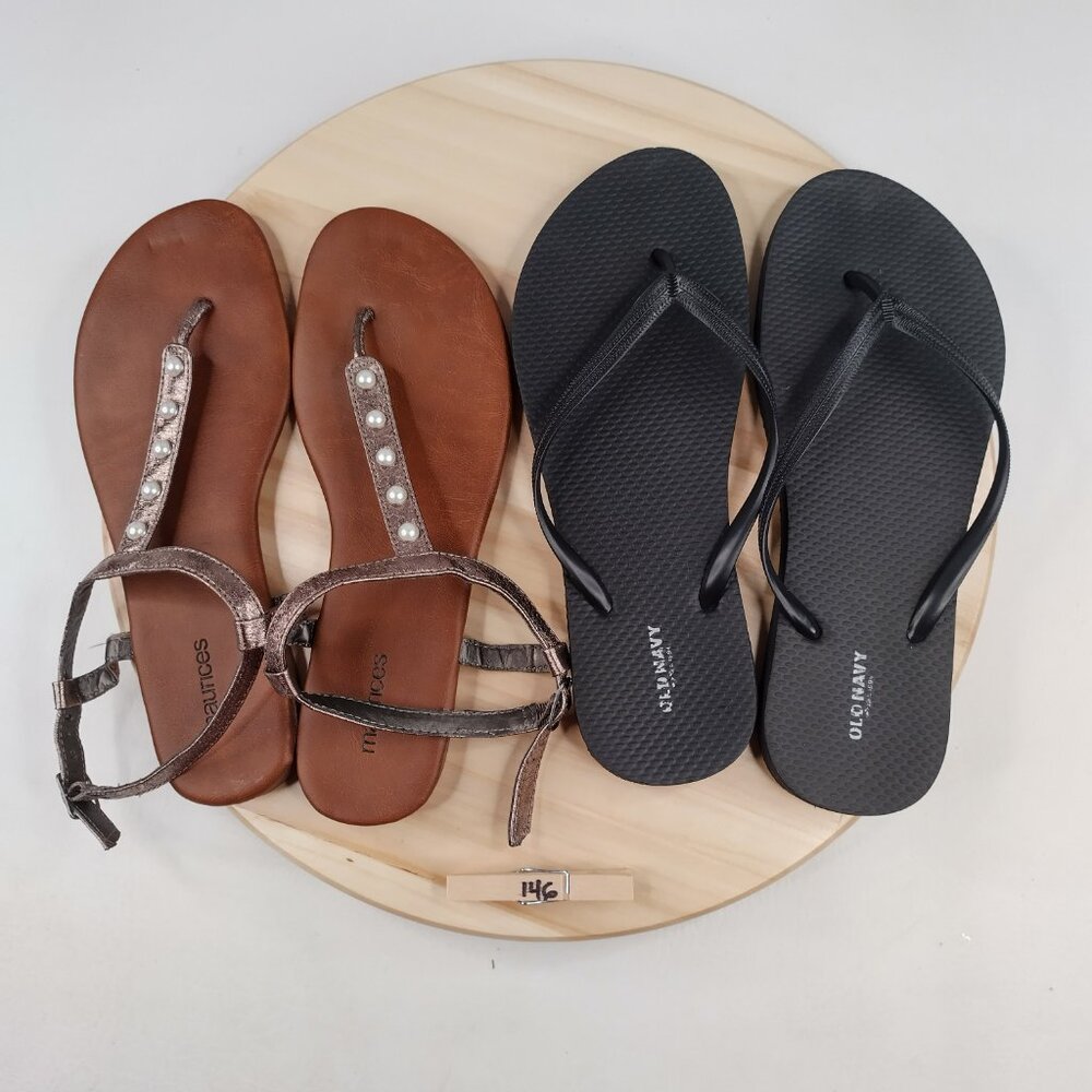 Maurices Strappy Bronze Sandals and Black Flip Flops (Lot of 2 pair) Women US 9